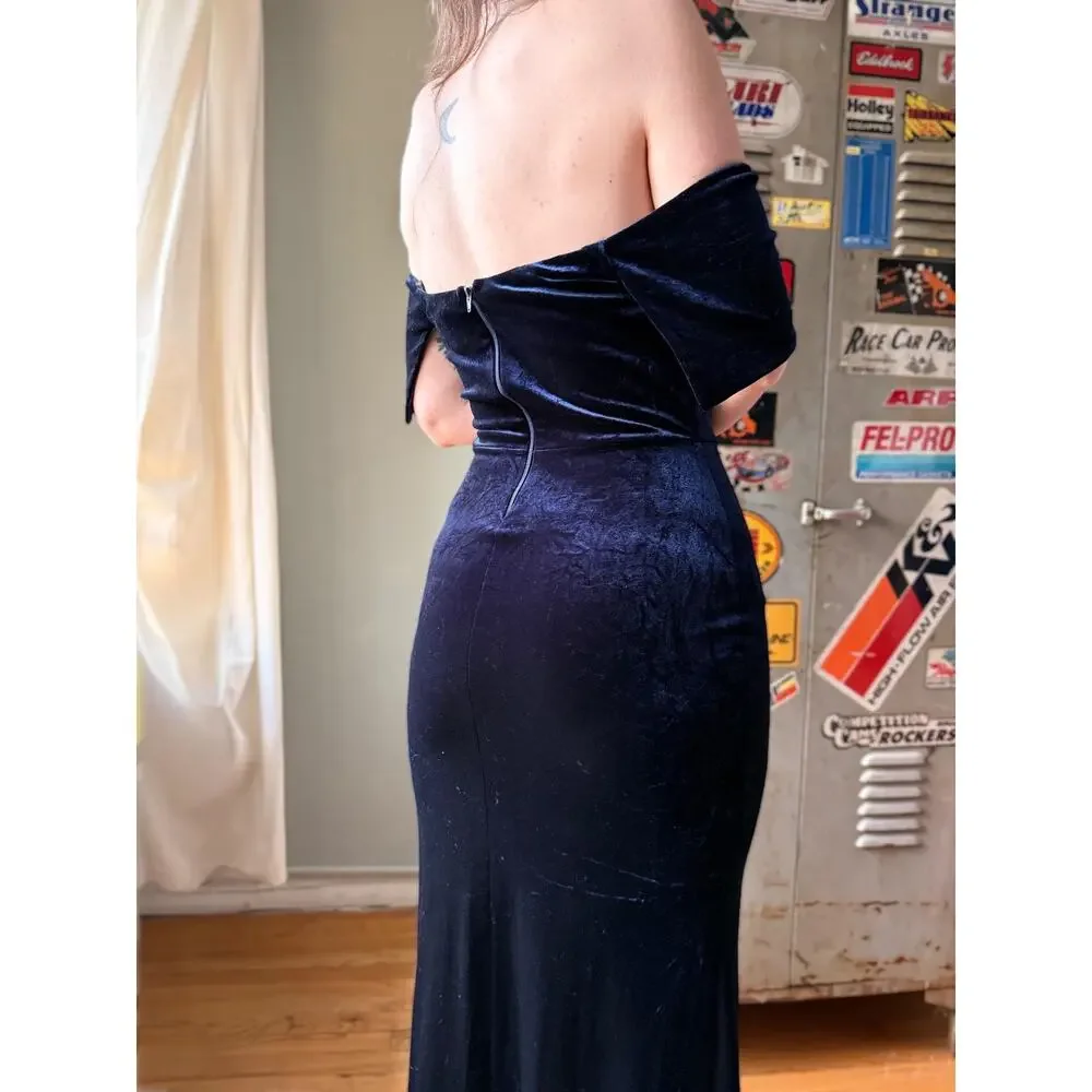 Vintage Y2K Velvet Maxi Dress | Navy Off Shoulder Column Slit Gown | S/M - Picture 3 of 11